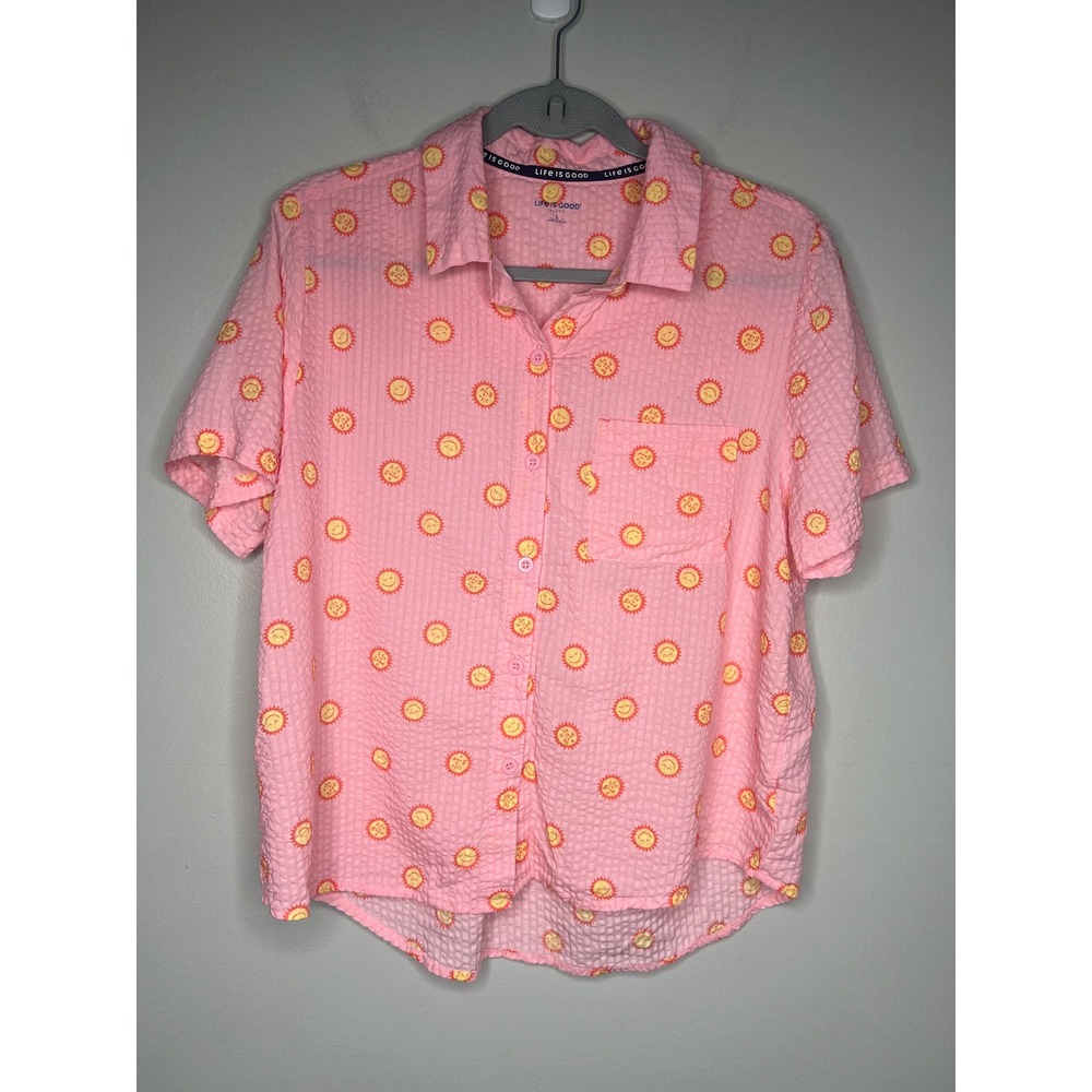 Life is Good Sleep Womens Large Pink Seersucker Sun Print Pajama Button Up Shirt